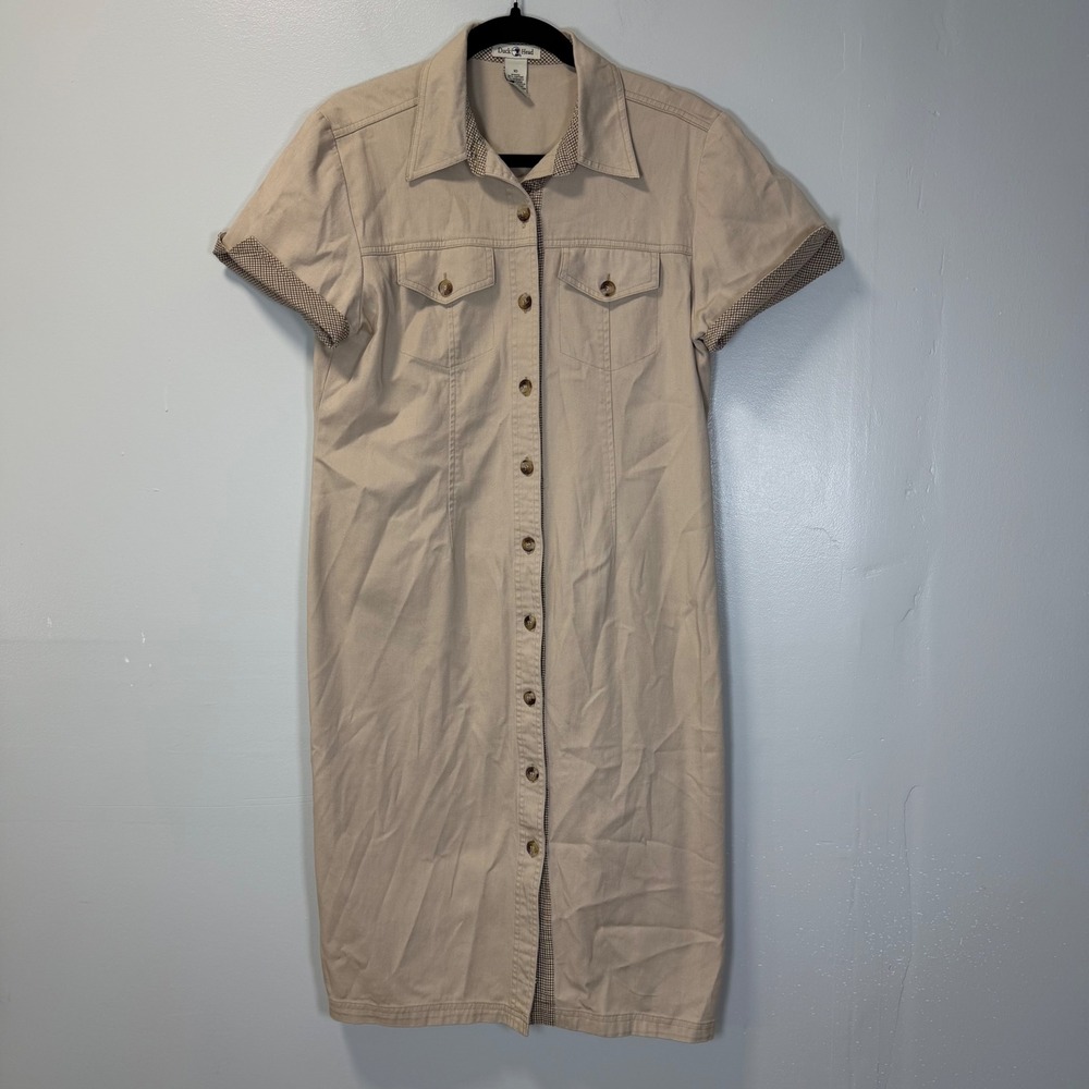 Vintage Duck Head Khaki Button Front‎ Midi Dress Tan Gingham Trim Womens 10